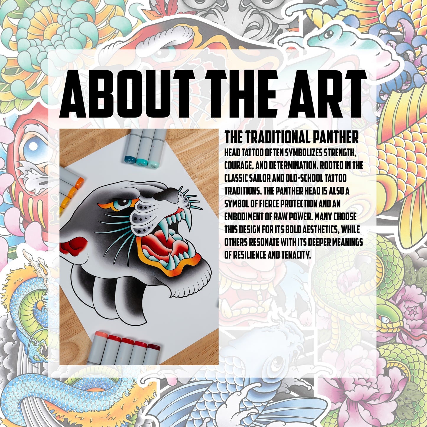Tiger & Panther Head American Traditional Tattoo Flash Fine Art Waterproof Vinyl Sticker and Postcard Art Print