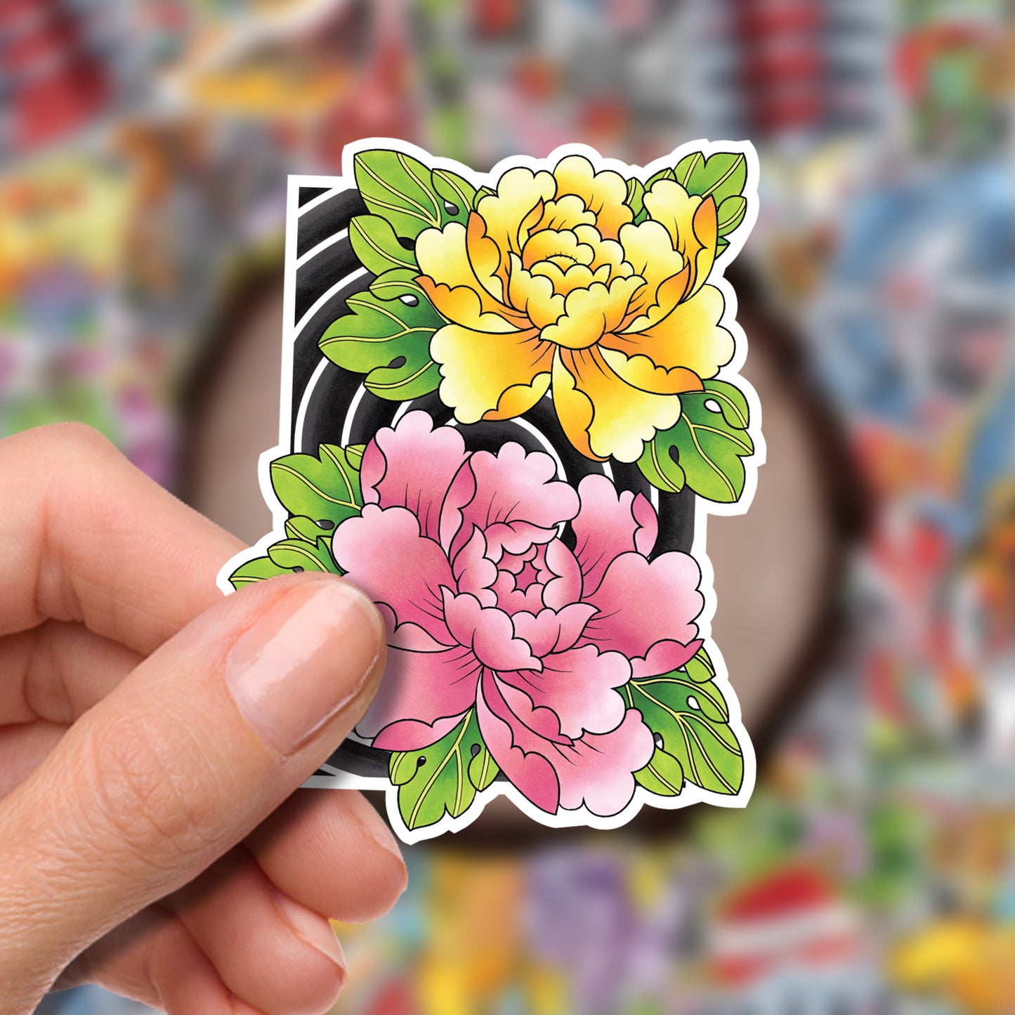 Peony Flower Traditional Irezumi Tattoo Flash Fine Art Waterproof Vinyl Sticker and Postcard Art Print