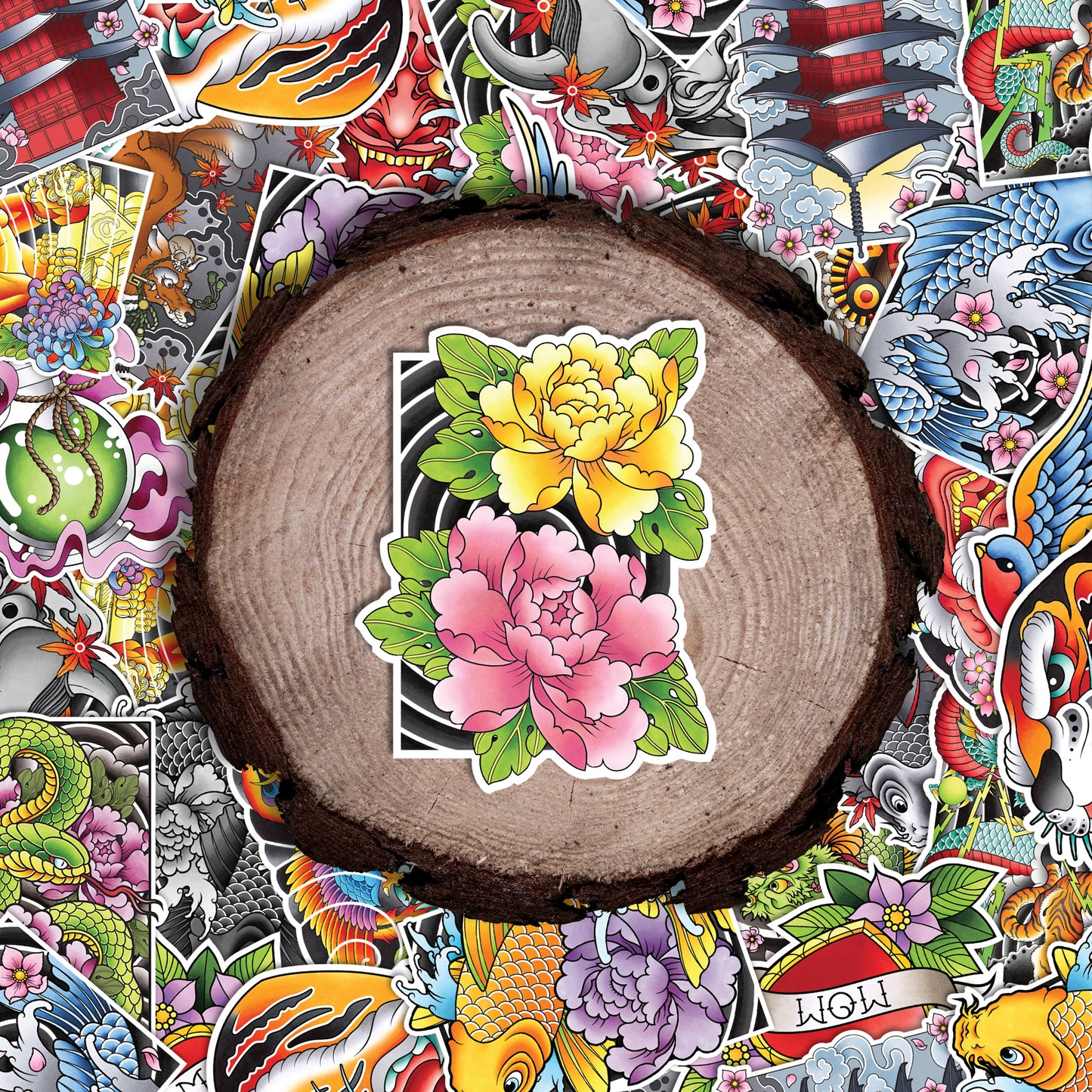 Peony Flower Traditional Irezumi Tattoo Flash Fine Art Waterproof Vinyl Sticker and Postcard Art Print