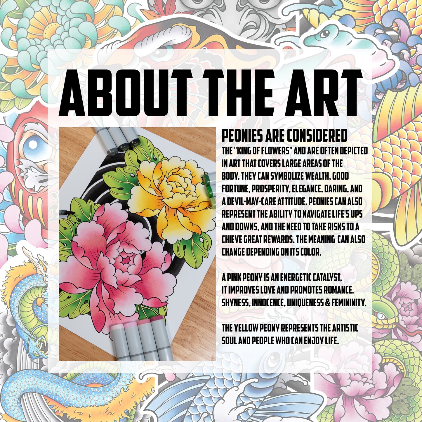 Peony Flower Traditional Irezumi Japanese Tattoo Flash Hand Drawn Original Art Print Poster