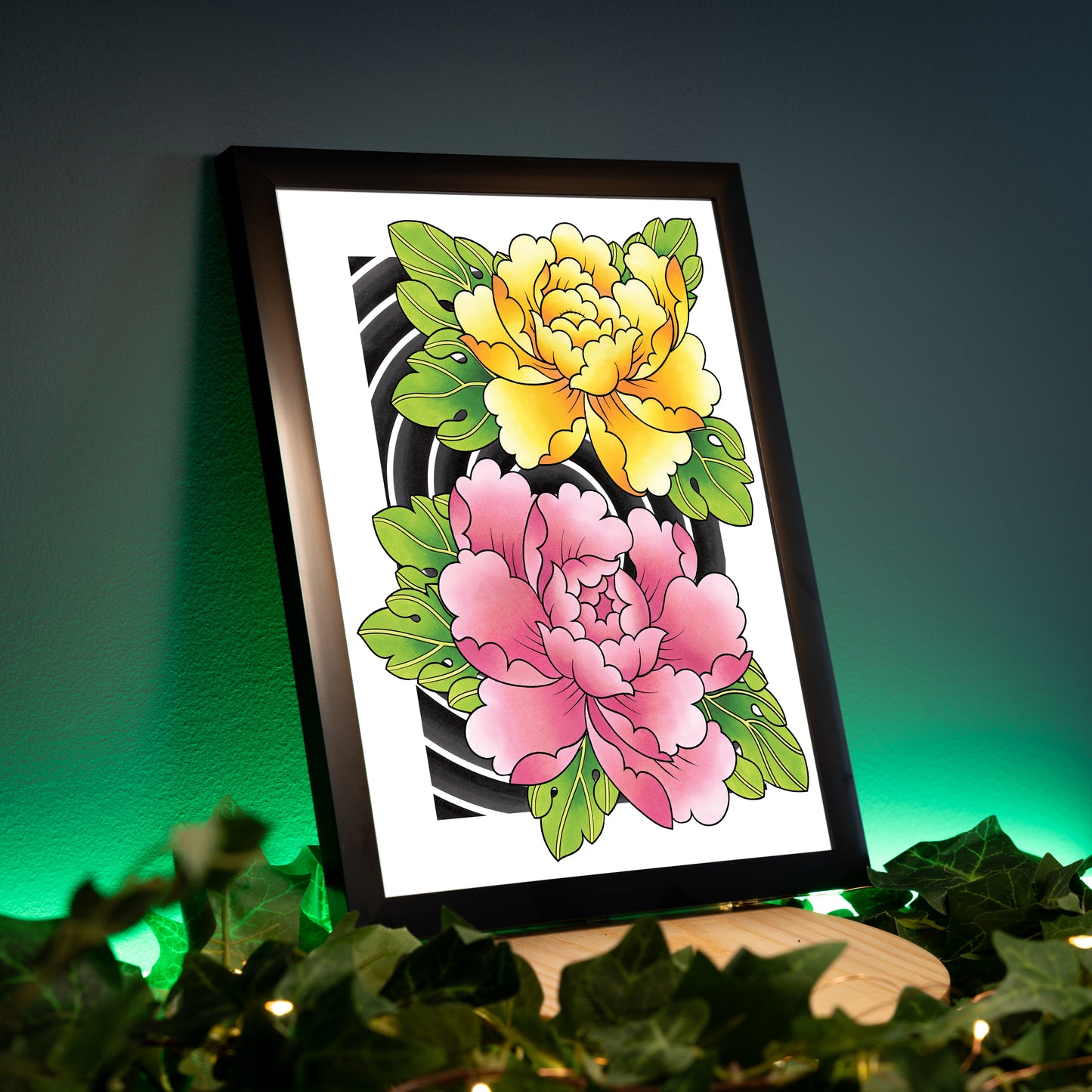 Peony Flower Traditional Irezumi Japanese Tattoo Flash Hand Drawn Original Art Print Poster