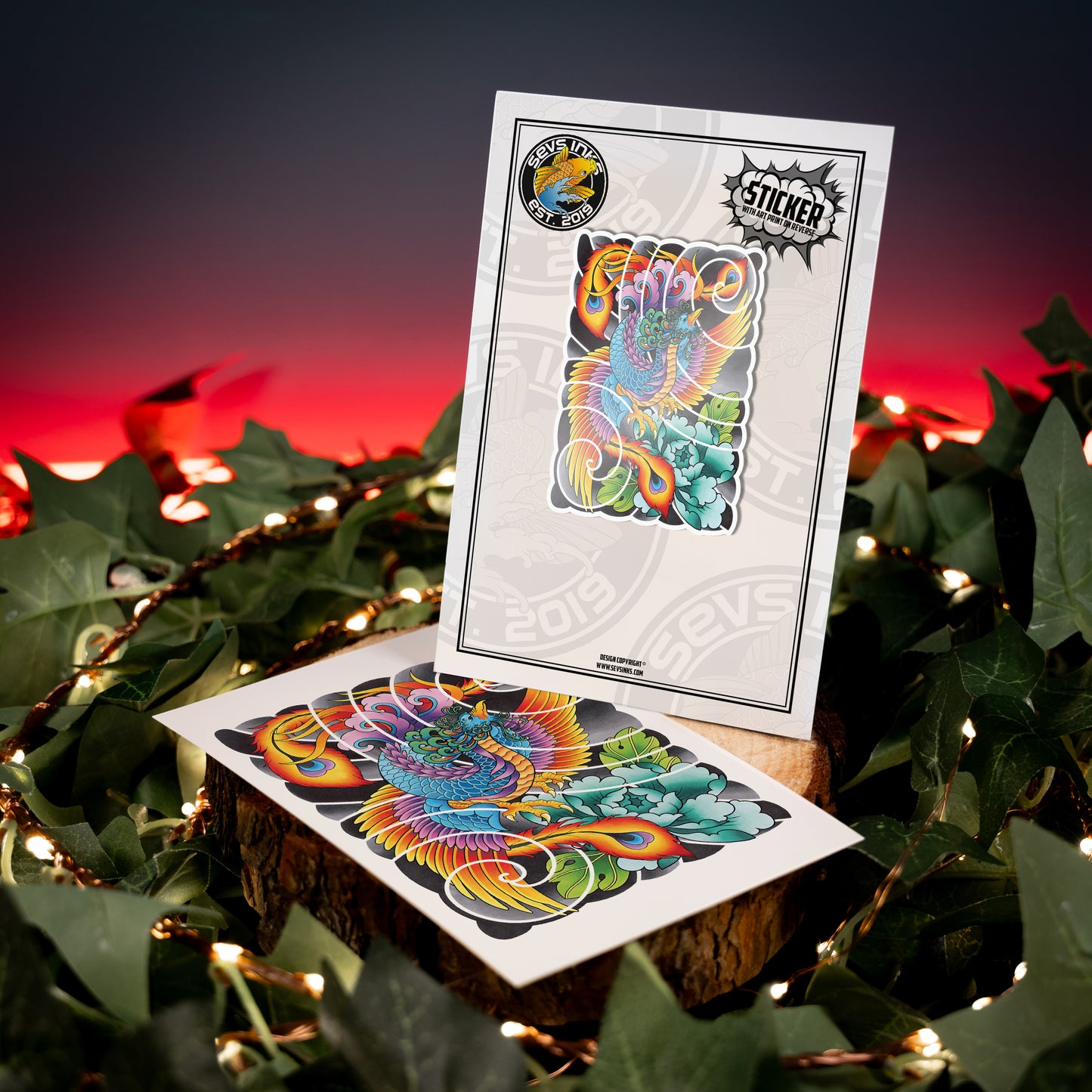 Phoenix Traditional Hand Drawn Irezumi Tattoo Flash Fine Art Waterproof Vinyl Sticker and Postcard Art Print