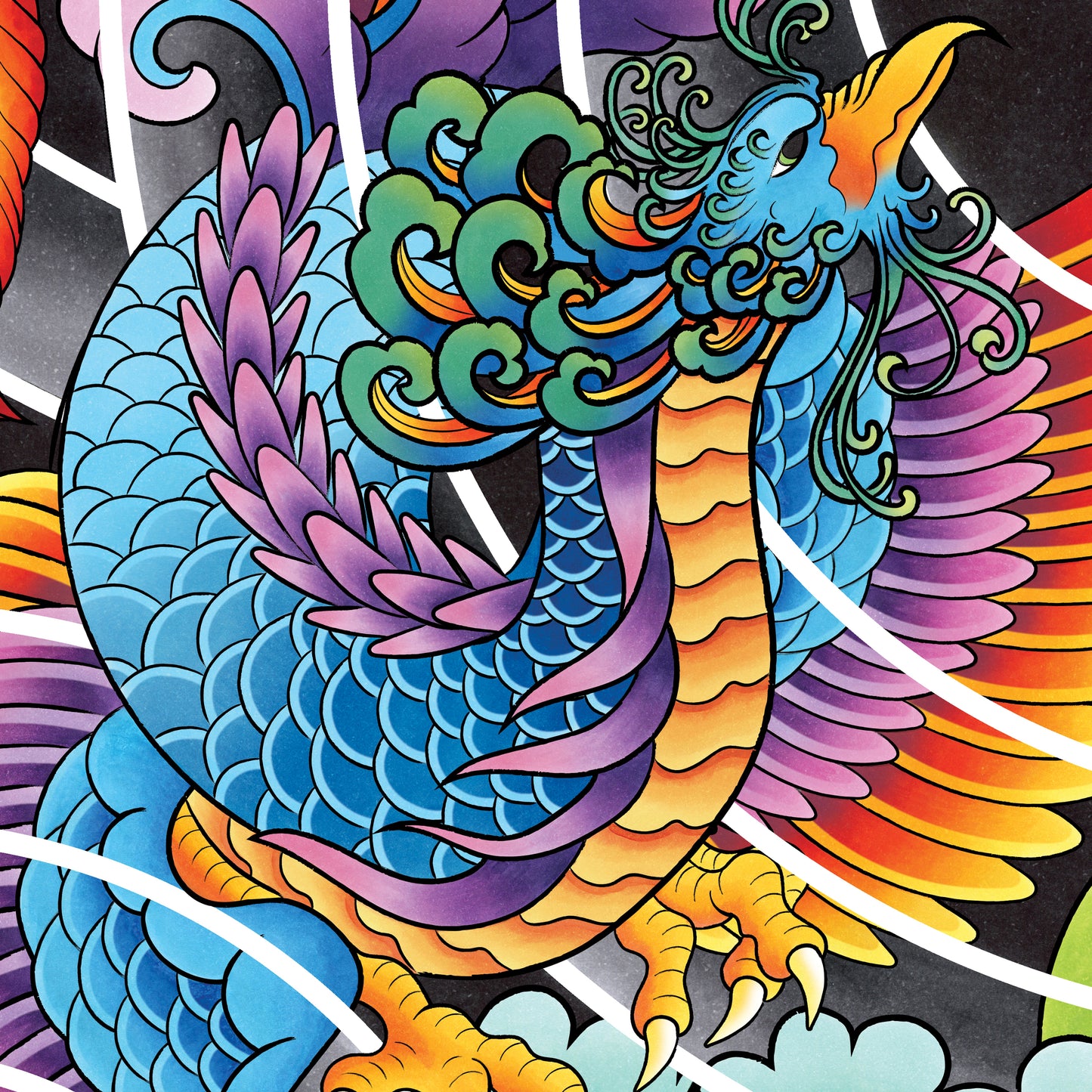 Phoenix and Peony Flower Traditional Irezumi Japanese Tattoo Flash Hand Drawn Original Art Print Poster