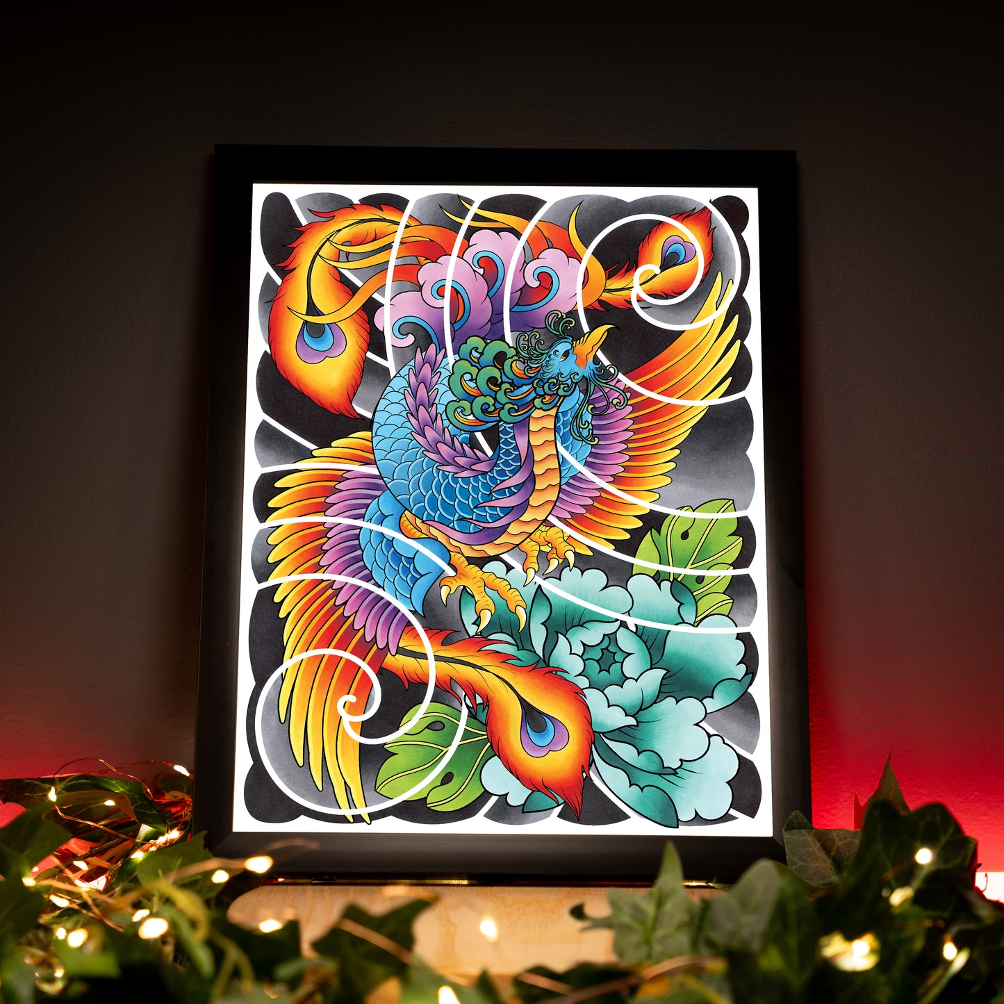 Phoenix and Peony Flower Traditional Irezumi Japanese Tattoo Flash Hand Drawn Original Art Print Poster