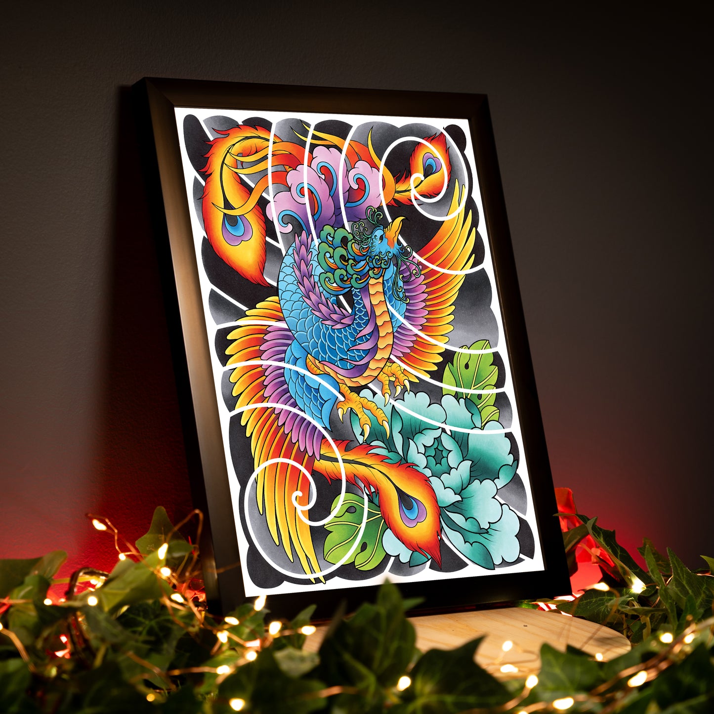 Phoenix and Peony Flower Traditional Irezumi Japanese Tattoo Flash Hand Drawn Original Art Print Poster