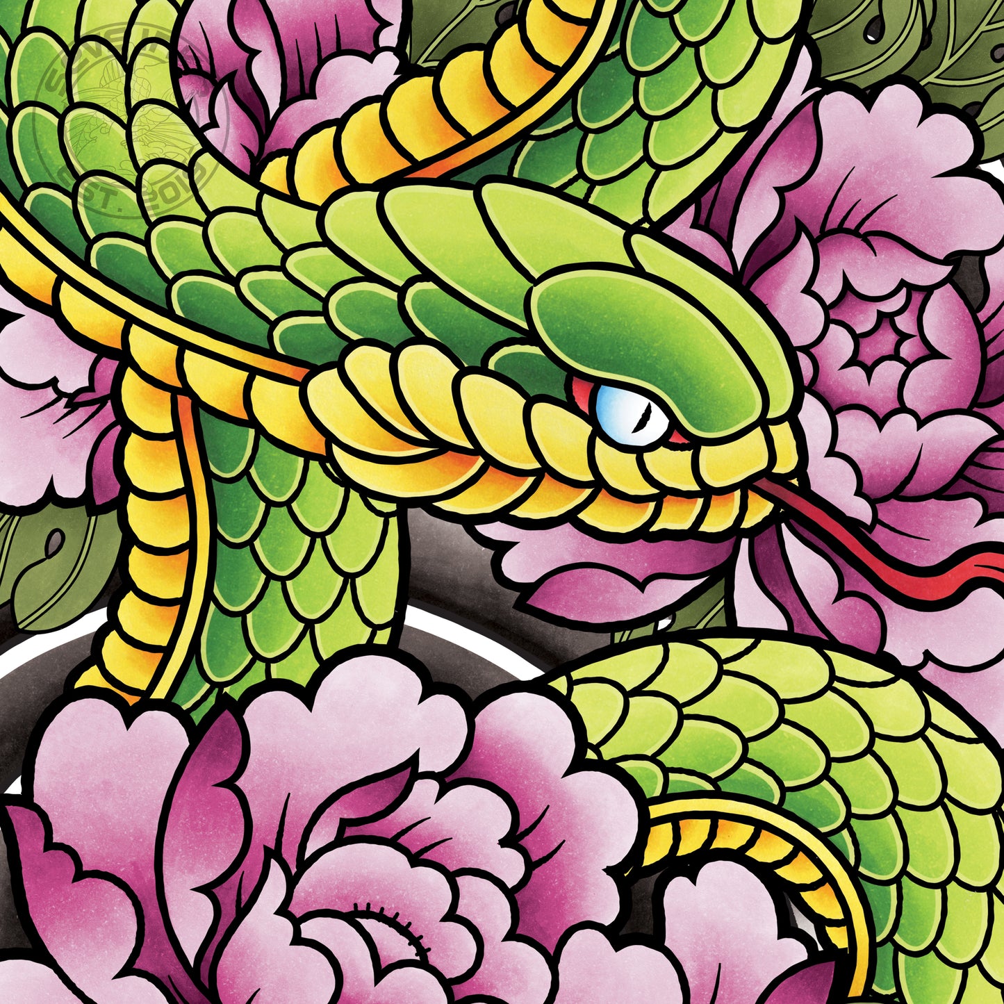 Hebi Snake and Peony Traditional Hand Drawn Irezumi Tattoo Flash Fine Art Waterproof Vinyl Sticker and Postcard Art Print