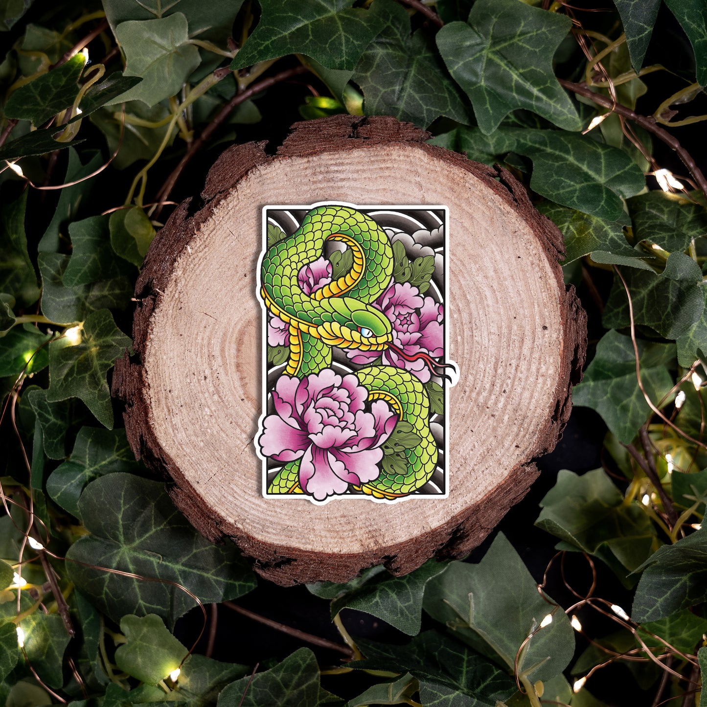 Hebi Snake and Peony Traditional Hand Drawn Irezumi Tattoo Flash Fine Art Waterproof Vinyl Sticker and Postcard Art Print