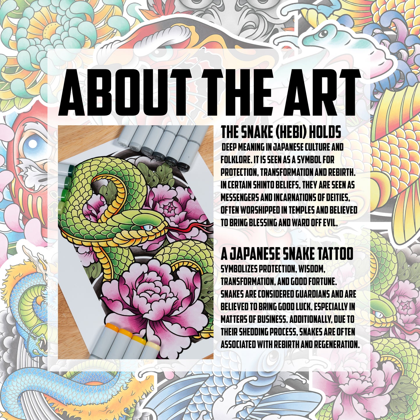Hebi Snake and Peony - Traditional Japanese Inspired Irezumi Tattoo Flash Hand Drawn Original Art Print Poster