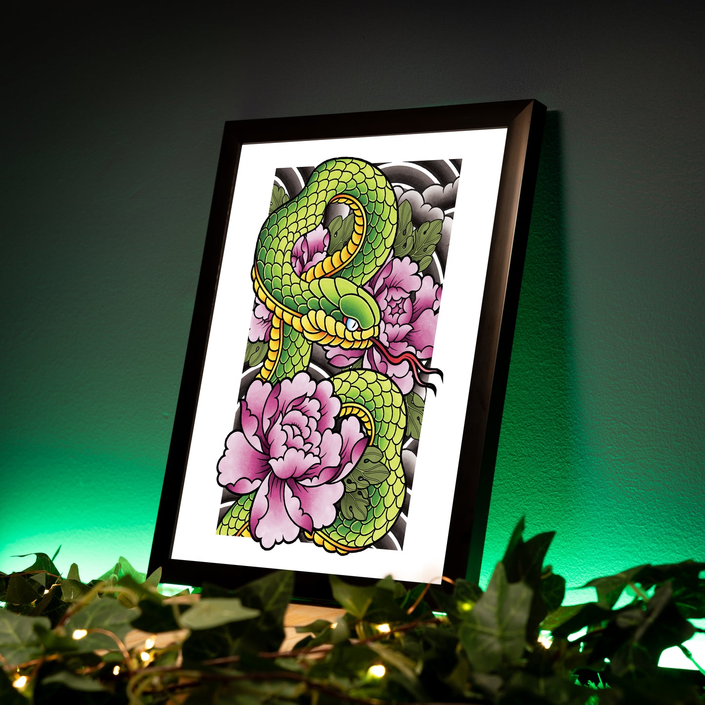 Hebi Snake and Peony - Traditional Japanese Inspired Irezumi Tattoo Flash Hand Drawn Original Art Print Poster