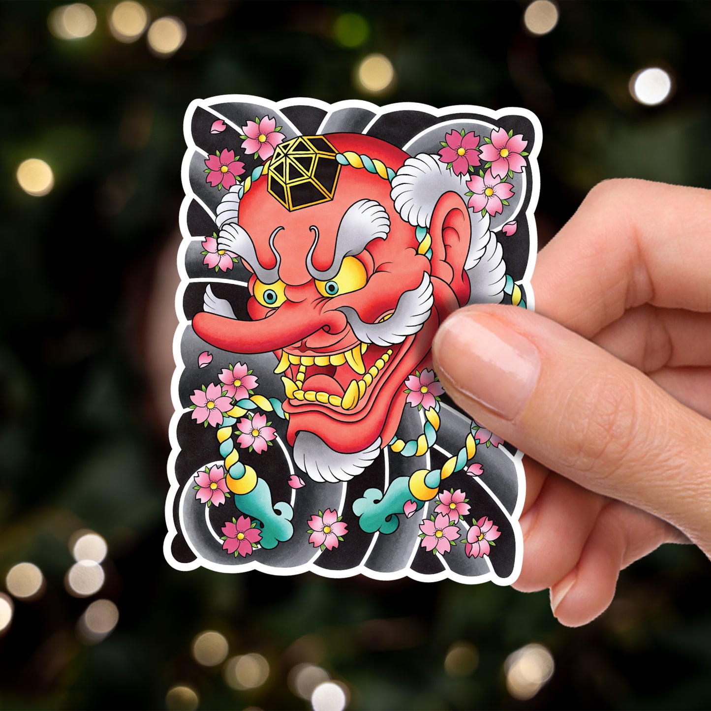 Tengu Mask Traditional Hand Drawn Irezumi Tattoo Flash Fine Art Waterproof Vinyl Sticker and Postcard Art Print
