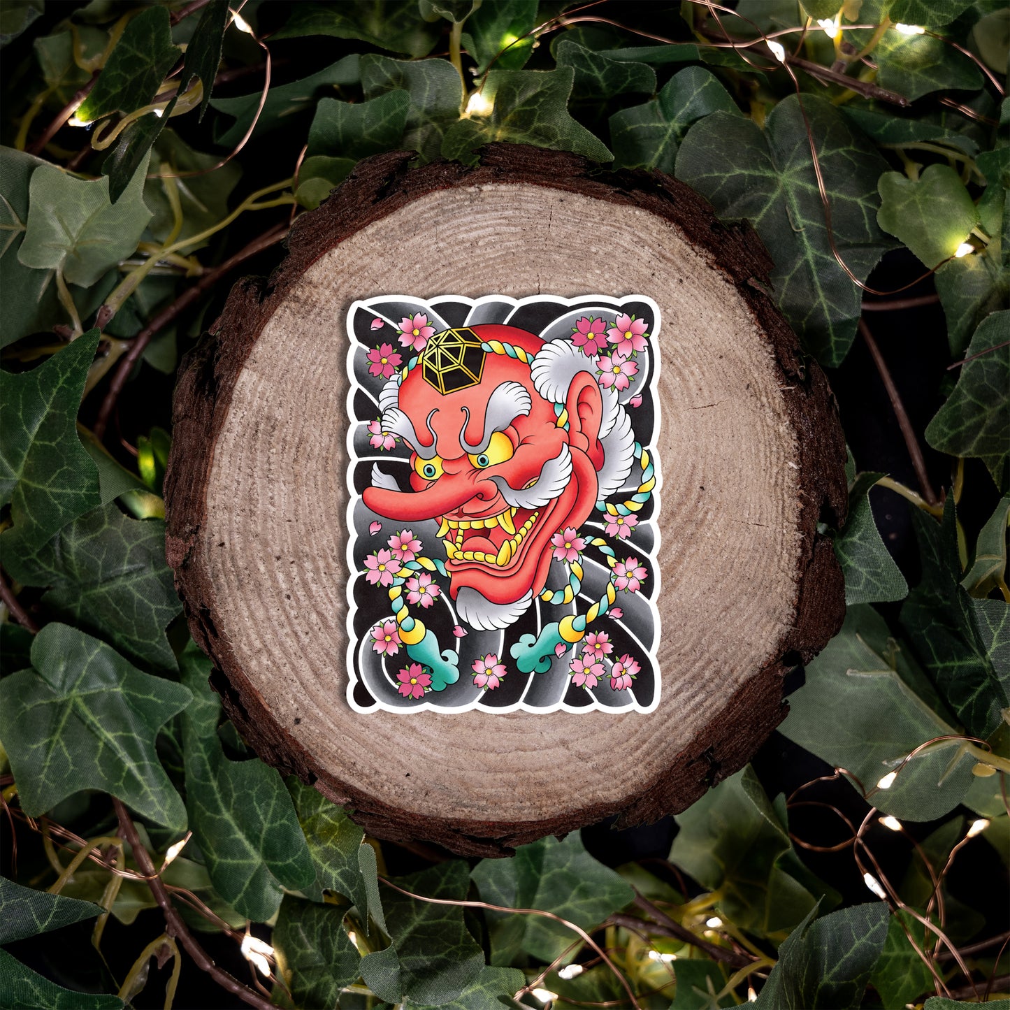 Tengu Mask Traditional Hand Drawn Irezumi Tattoo Flash Fine Art Waterproof Vinyl Sticker and Postcard Art Print