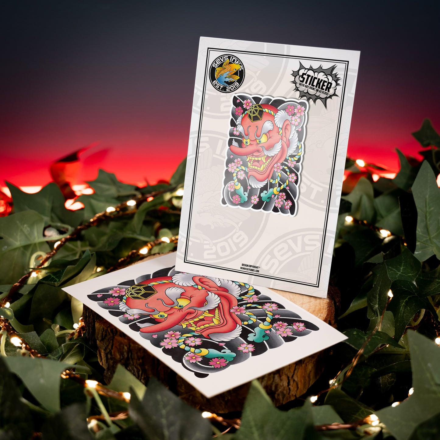 Tengu Mask Traditional Hand Drawn Irezumi Tattoo Flash Fine Art Waterproof Vinyl Sticker and Postcard Art Print