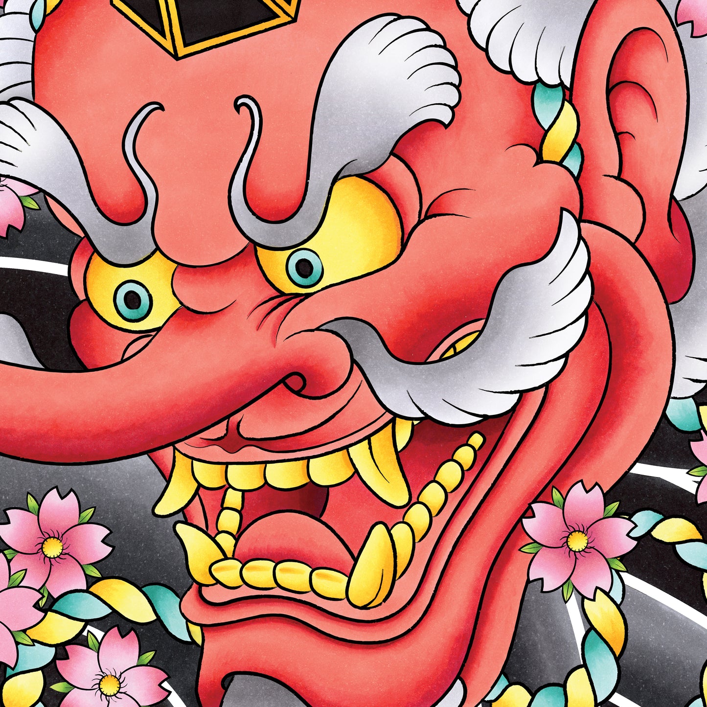 Tengu Oni Noh Mask and Sakura Cherry Blossom Flower Traditional Japanese Irezumi Tattoo Flash Hand Drawn Original Art Print Wall Poster