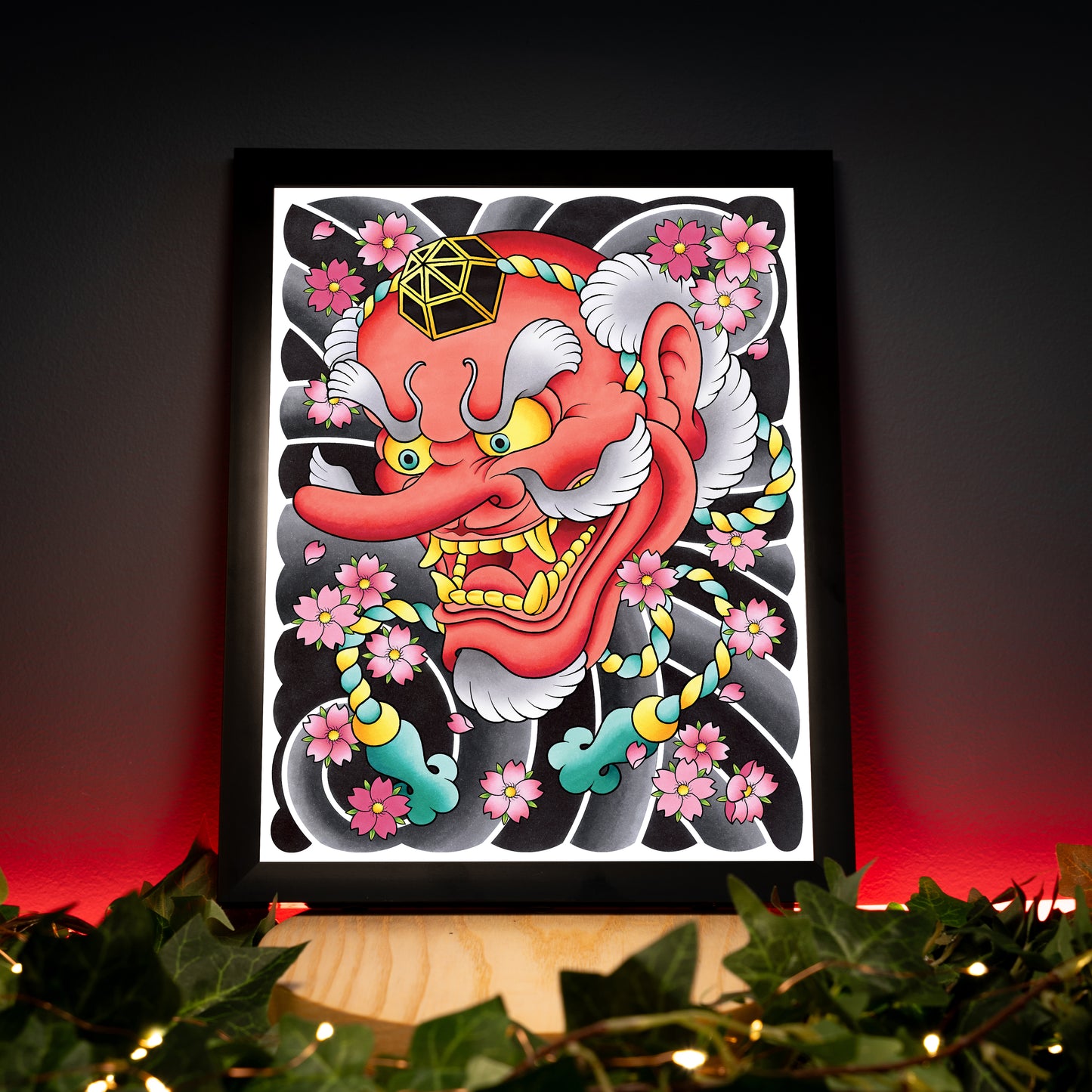 Tengu Oni Noh Mask and Sakura Cherry Blossom Flower Traditional Japanese Irezumi Tattoo Flash Hand Drawn Original Art Print Wall Poster