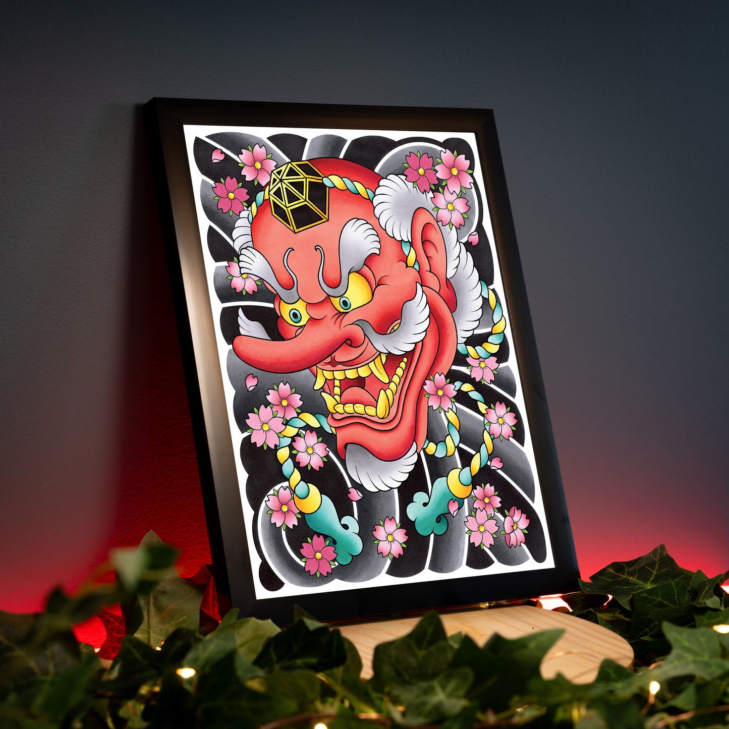 Tengu Oni Noh Mask and Sakura Cherry Blossom Flower Traditional Japanese Irezumi Tattoo Flash Hand Drawn Original Art Print Wall Poster