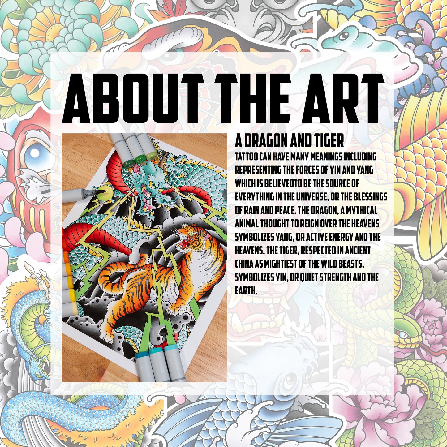 Ryu Dragon & Tiger Traditional Hand Drawn Irezumi Tattoo Flash Fine Art Waterproof Vinyl Sticker and Postcard Art Print