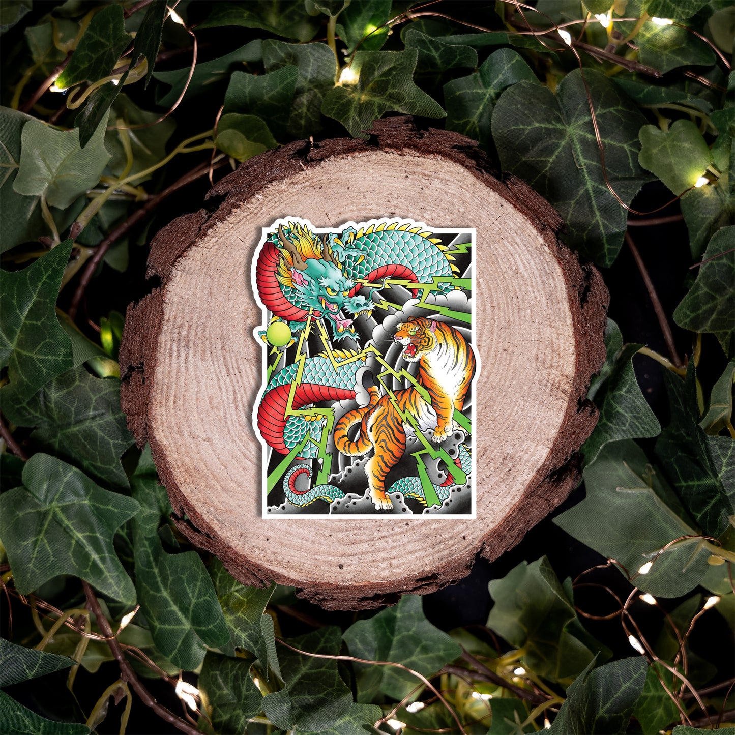 Ryu Dragon & Tiger Traditional Hand Drawn Irezumi Tattoo Flash Fine Art Waterproof Vinyl Sticker and Postcard Art Print