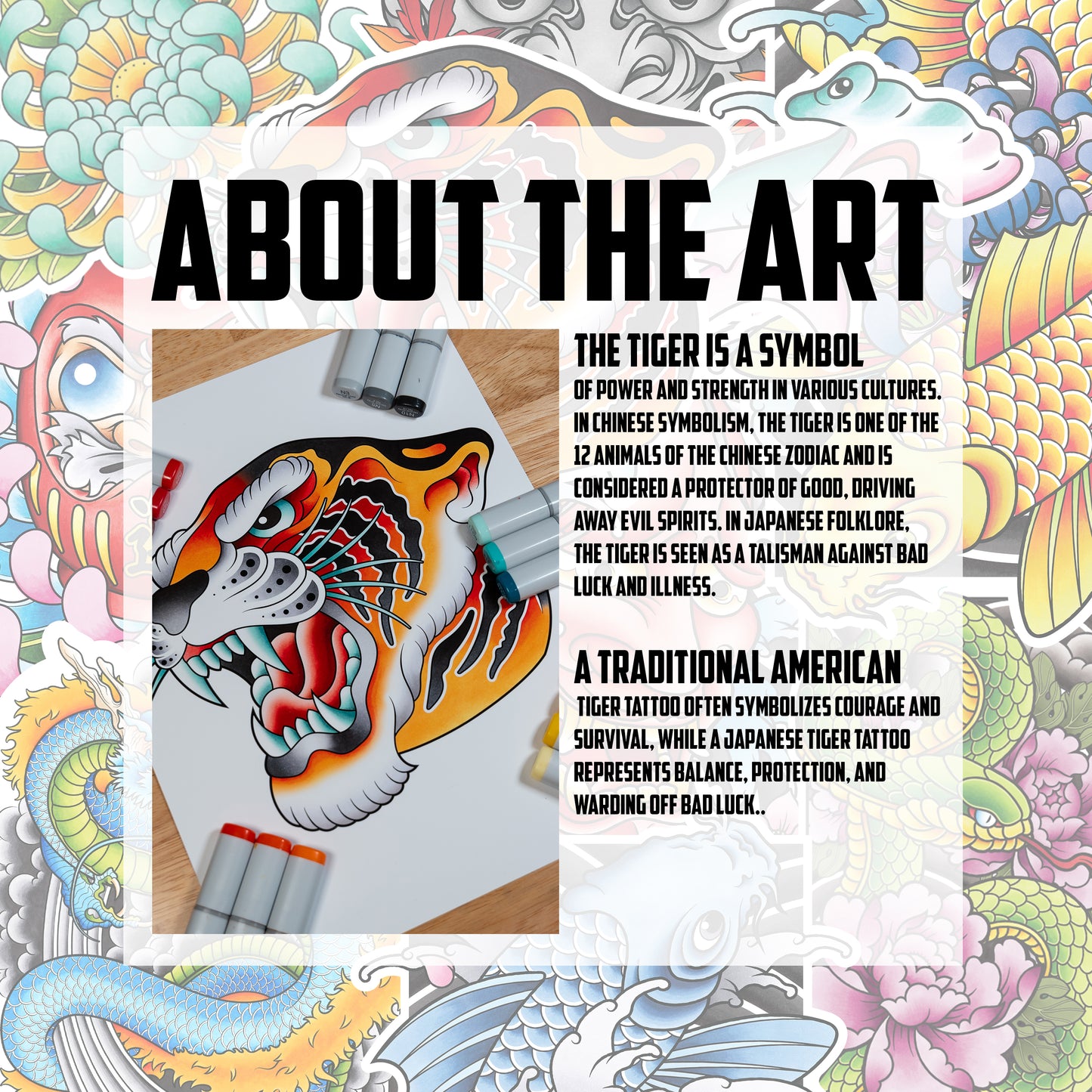 Tiger & Panther Head American Traditional Tattoo Flash Fine Art Waterproof Vinyl Sticker and Postcard Art Print