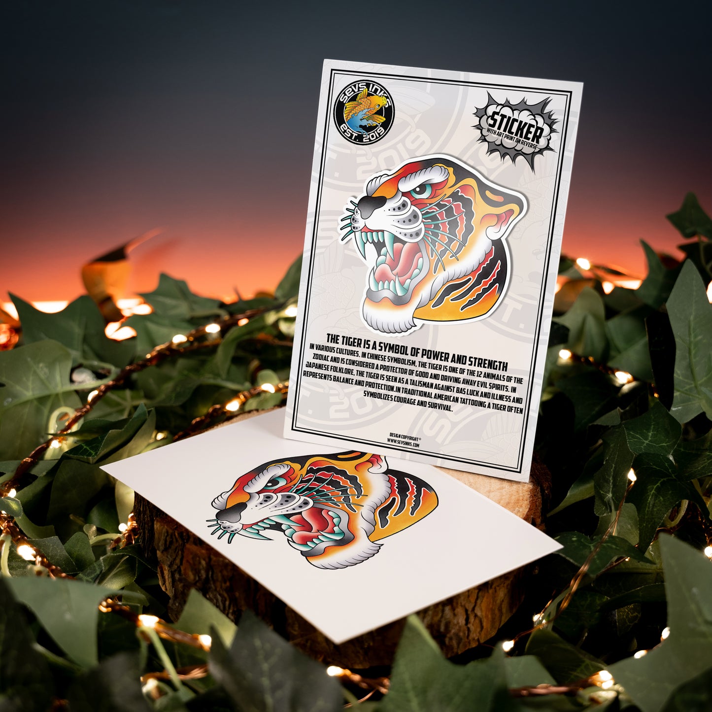 Tiger & Panther Head American Traditional Tattoo Flash Fine Art Waterproof Vinyl Sticker and Postcard Art Print