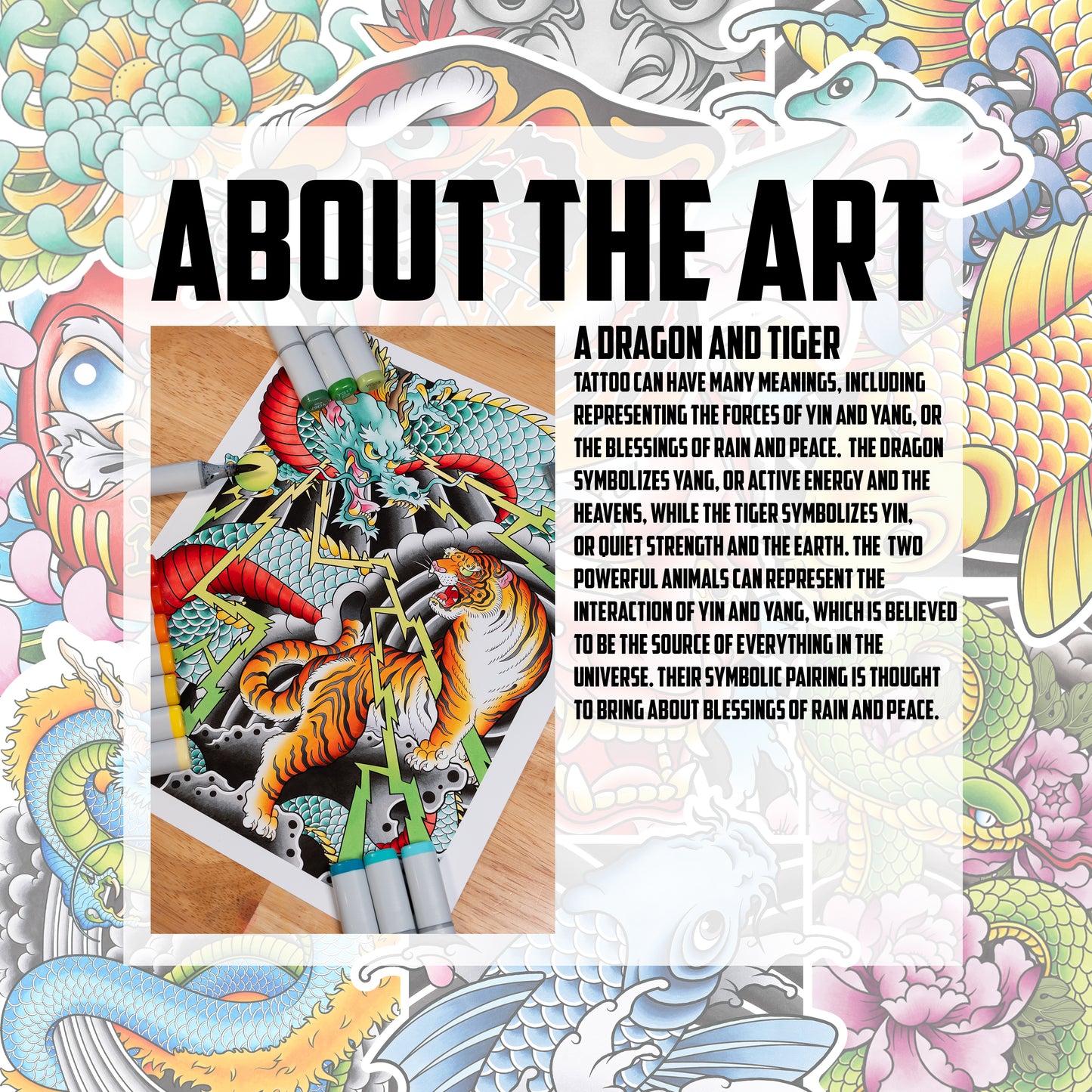 Dragon and Tiger Traditional Irezumi Japanese Tattoo Flash Hand Drawn Original Art Print Wall Poster