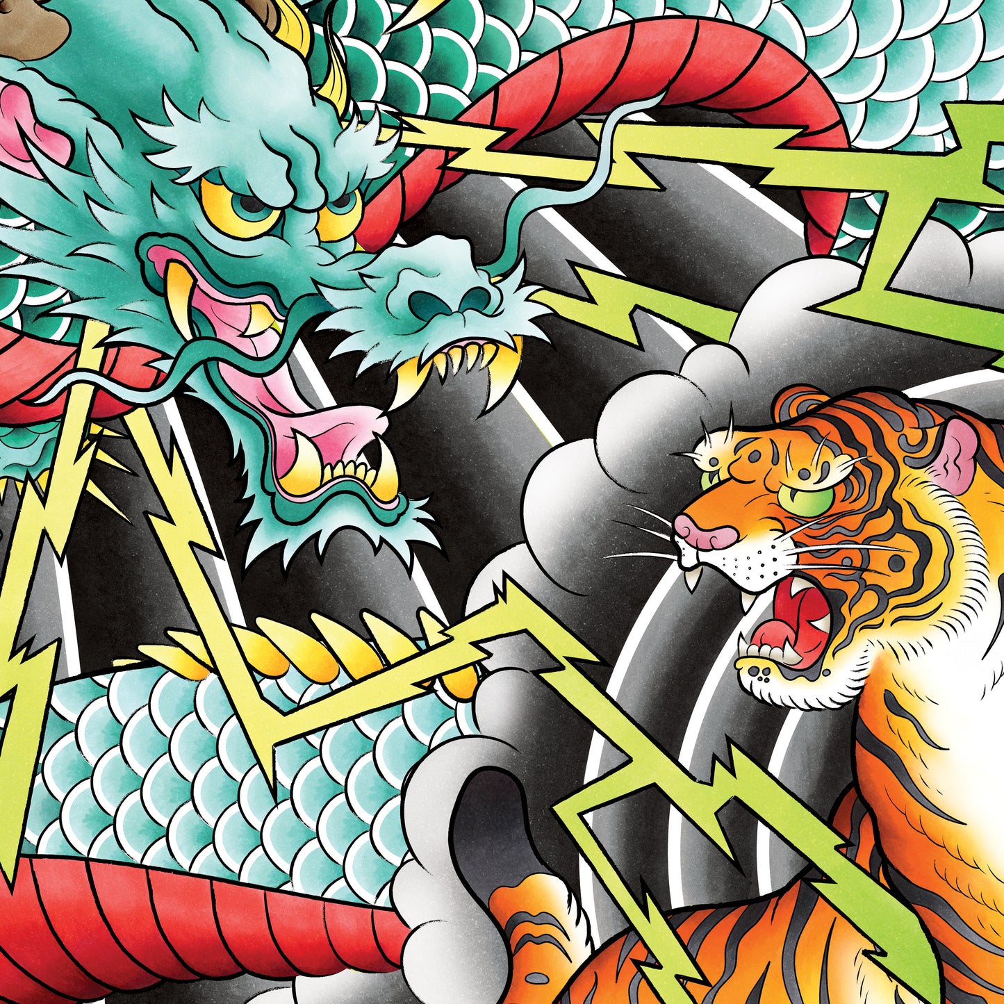 Dragon and Tiger Traditional Irezumi Japanese Tattoo Flash Hand Drawn Original Art Print Wall Poster