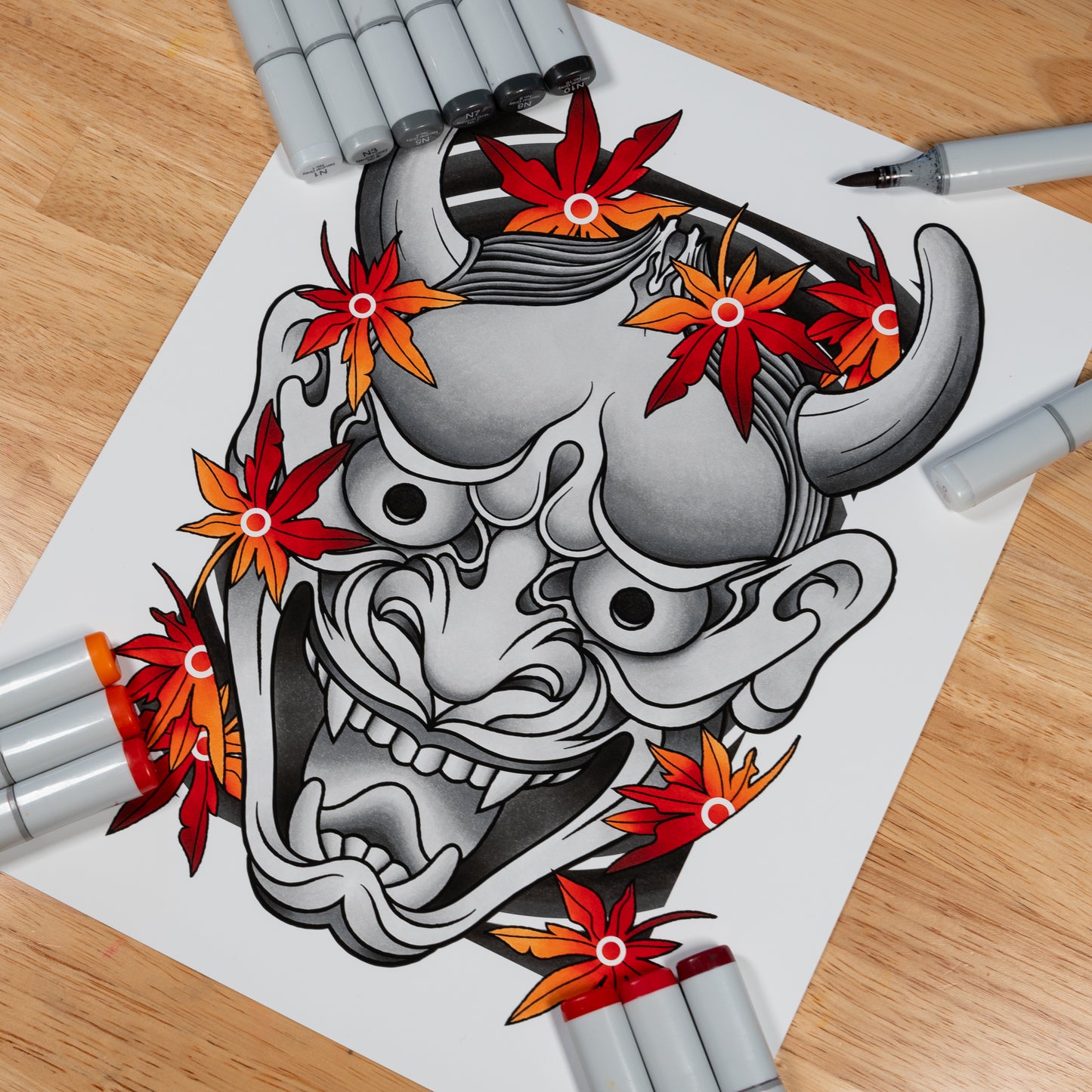 Hannya Oni Noh Mask Black and Grey with Maple Leaf Traditional Irezumi Japanese Tattoo Flash Hand Drawn Original Art Print Poster