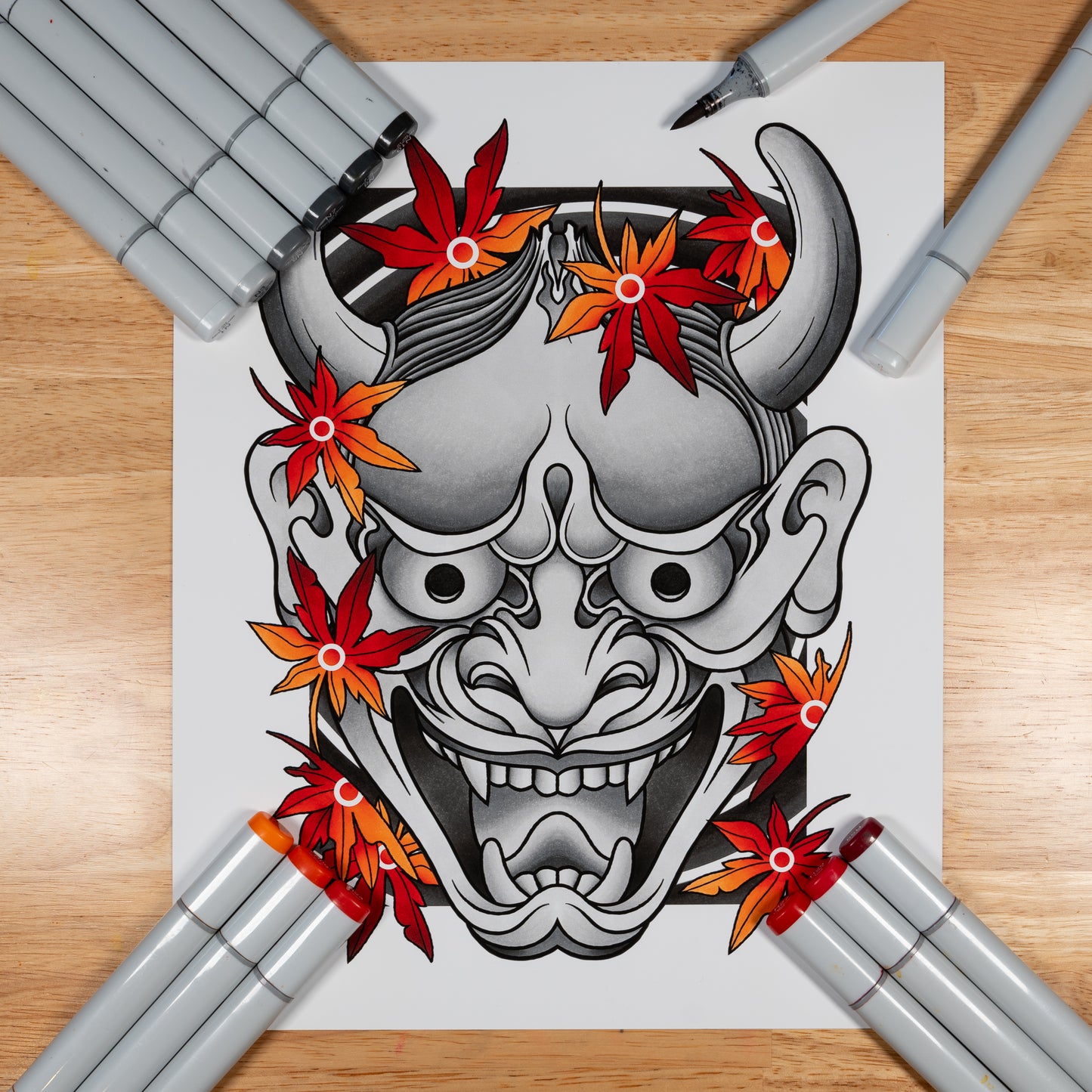 Hannya Oni Noh Mask Black and Grey with Maple Leaf Traditional Irezumi Japanese Tattoo Flash Hand Drawn Original Art Print Poster