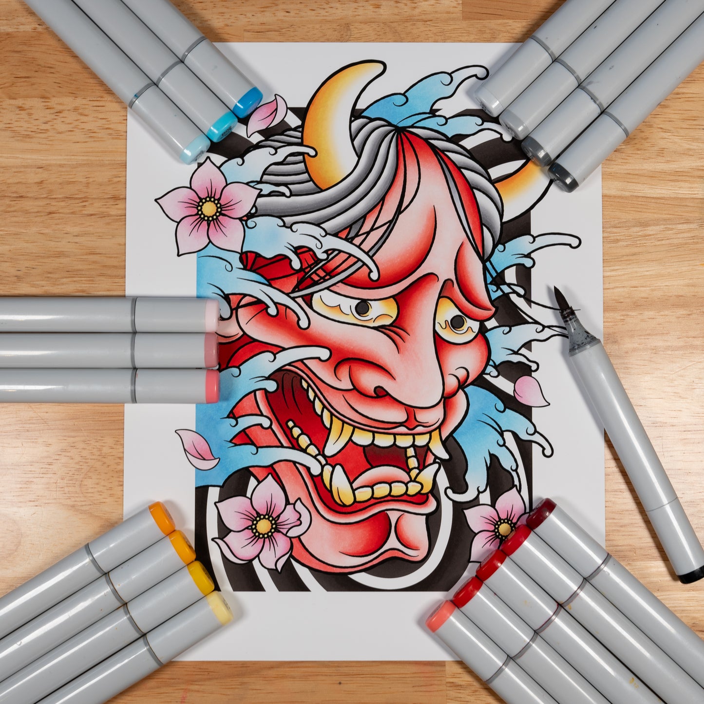 Hannya Oni Noh Mask and Sakura Cherry Blossom Flower Traditional Japanese Irezumi Tattoo Flash Hand Drawn Original Art Print Wall Poster