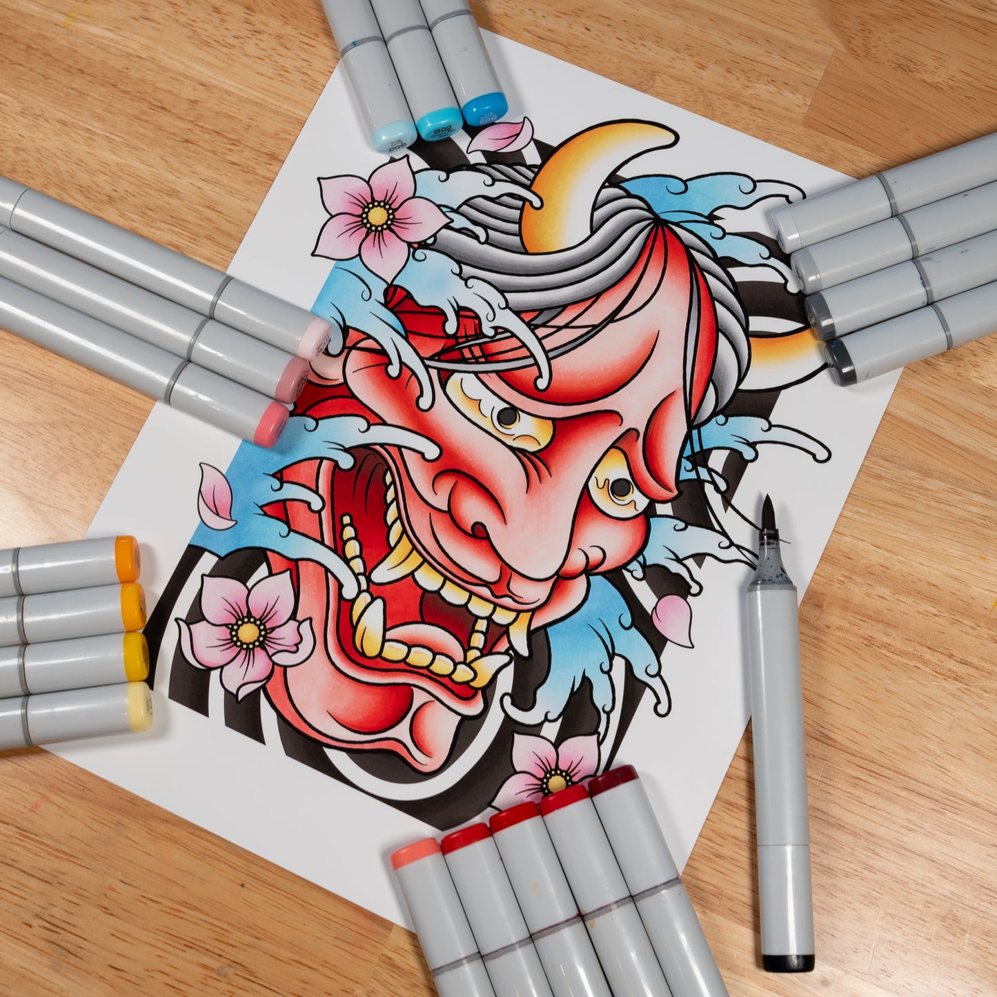 Hannya Oni Noh Mask and Sakura Cherry Blossom Flower Traditional Japanese Irezumi Tattoo Flash Hand Drawn Original Art Print Wall Poster