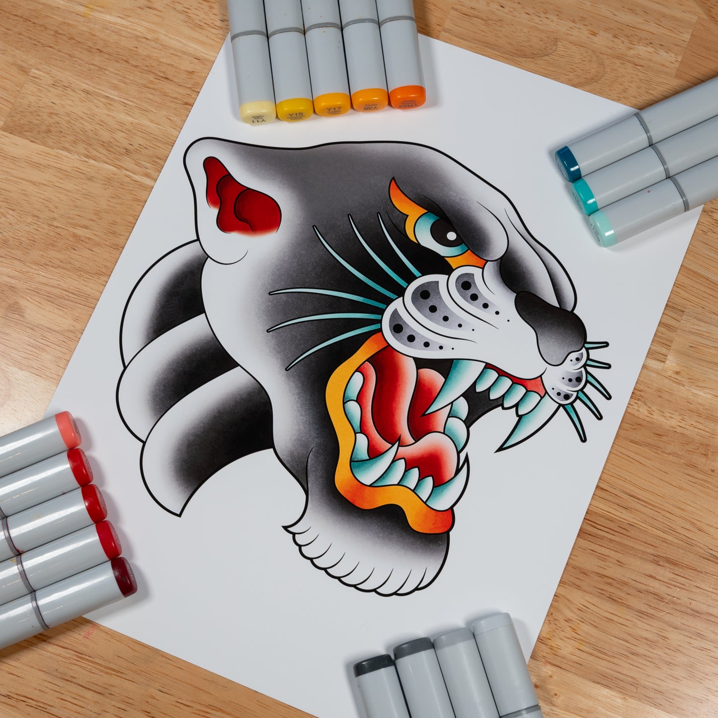 Traditional Panther Head Tattoo Flash Hand Drawn Original Art Print Poster