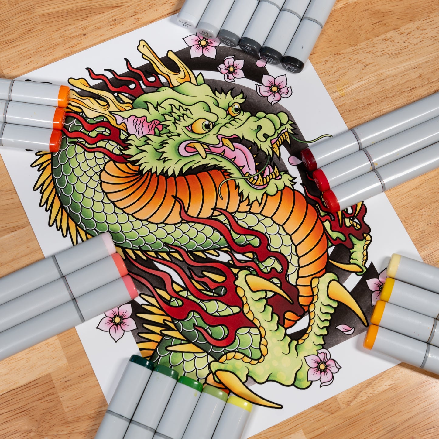 Dragon and Sakura Cherry Blossom Flower Traditional Irezumi Japanese Tattoo Flash Hand Drawn Original Art Print Wall Poster