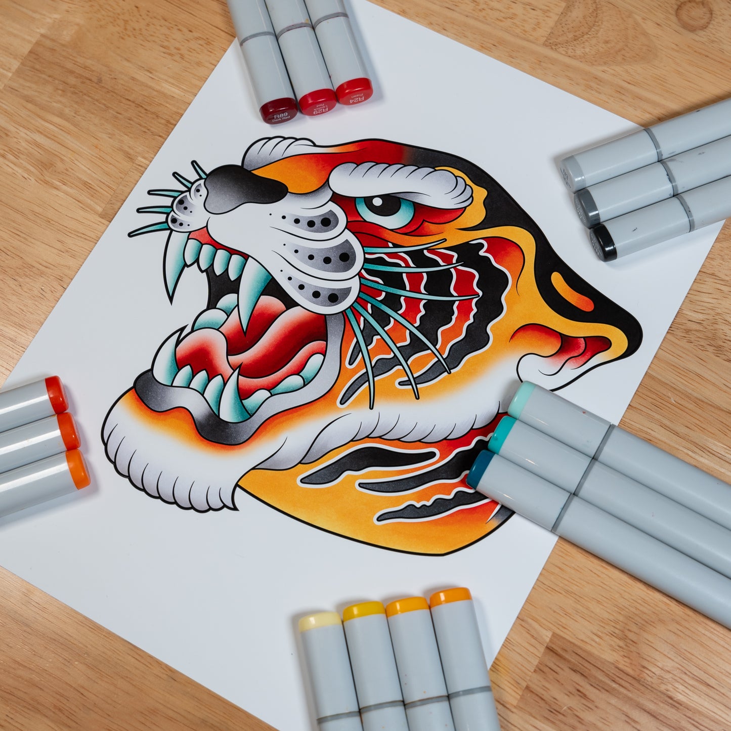 Traditional Tiger Head Tattoo Flash Hand Drawn Original Art Print Poster