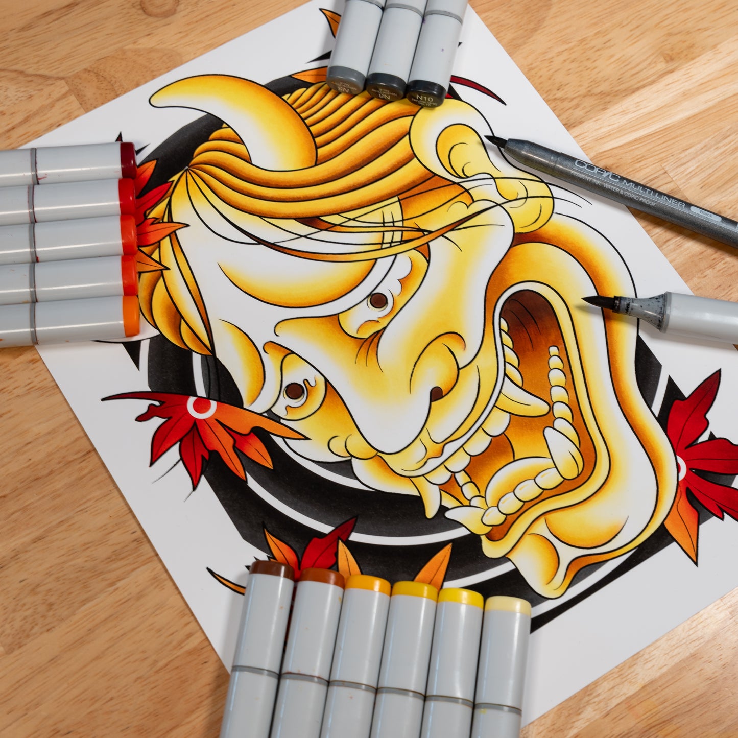 Golden Hannya Golden Oni Mask and Red Maple Leaves Traditional Japanese Irezumi Tattoo Flash Hand Drawn Original Art Print