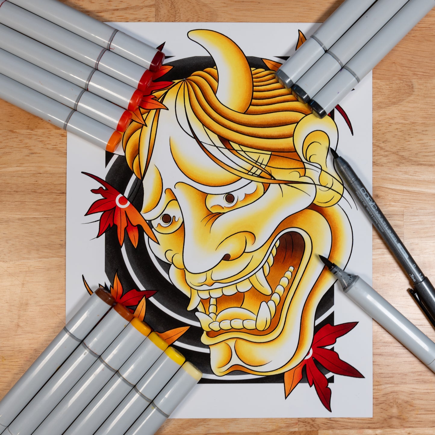 Golden Hannya Golden Oni Mask and Red Maple Leaves Traditional Japanese Irezumi Tattoo Flash Hand Drawn Original Art Print