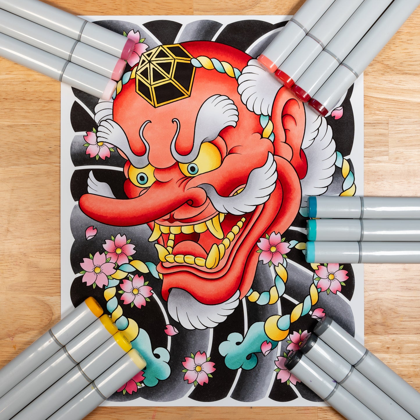 Tengu Oni Noh Mask and Sakura Cherry Blossom Flower Traditional Japanese Irezumi Tattoo Flash Hand Drawn Original Art Print Wall Poster