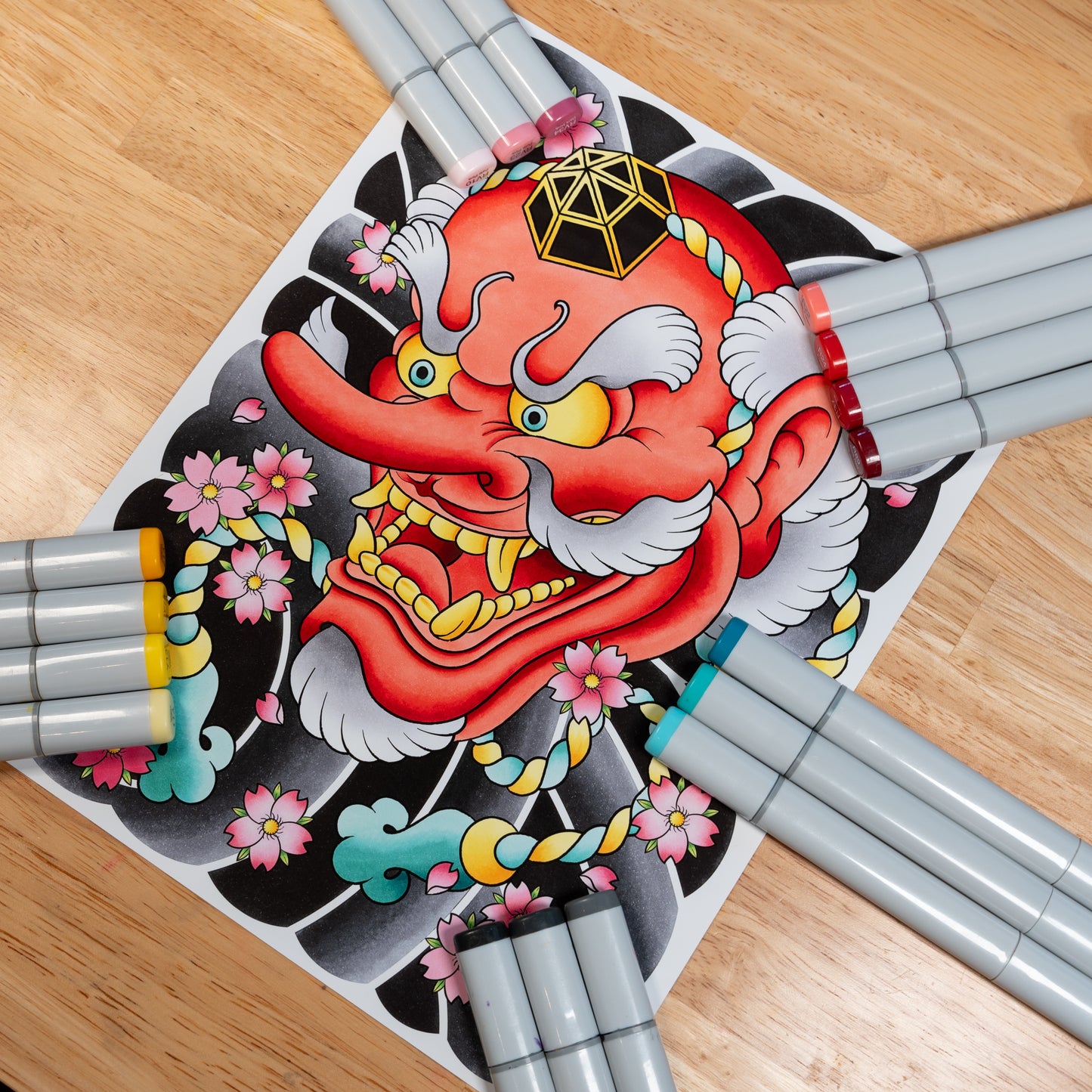 Tengu Oni Noh Mask and Sakura Cherry Blossom Flower Traditional Japanese Irezumi Tattoo Flash Hand Drawn Original Art Print Wall Poster