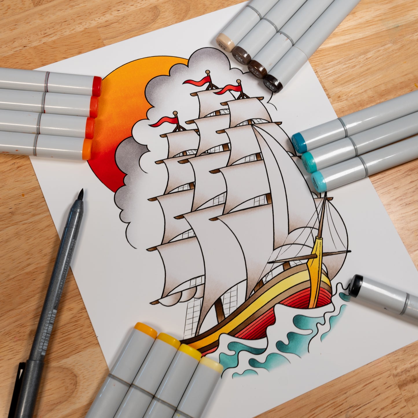 Traditional Sailing Ship Inspired Tattoo Flash Hand Drawn Original Art Print Poster