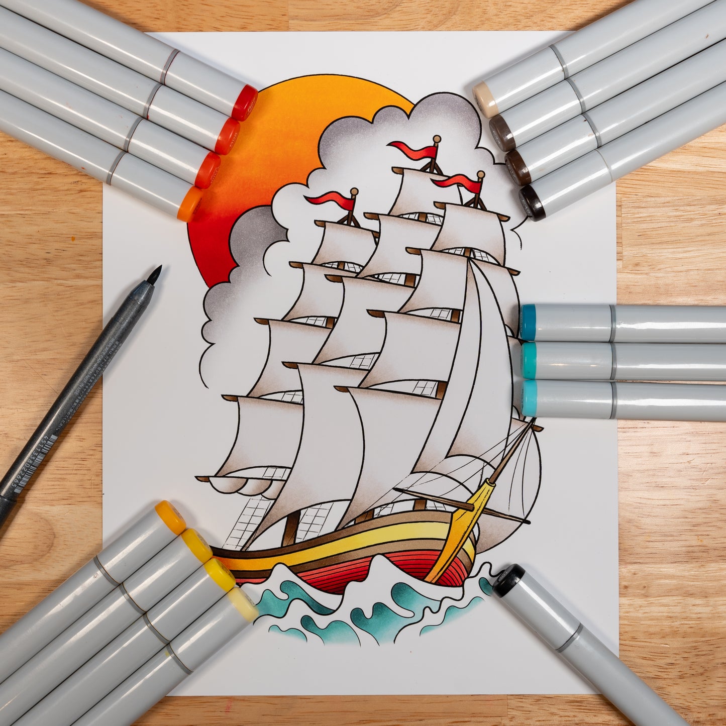 Traditional Sailing Ship Inspired Tattoo Flash Hand Drawn Original Art Print Poster