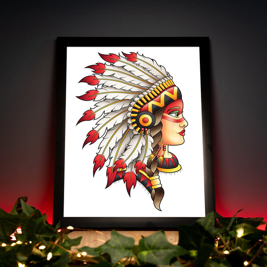 Neo Traditional Female Native American Chief Headdress Inspired Tattoo Flash Hand Drawn Original Art Print Poster