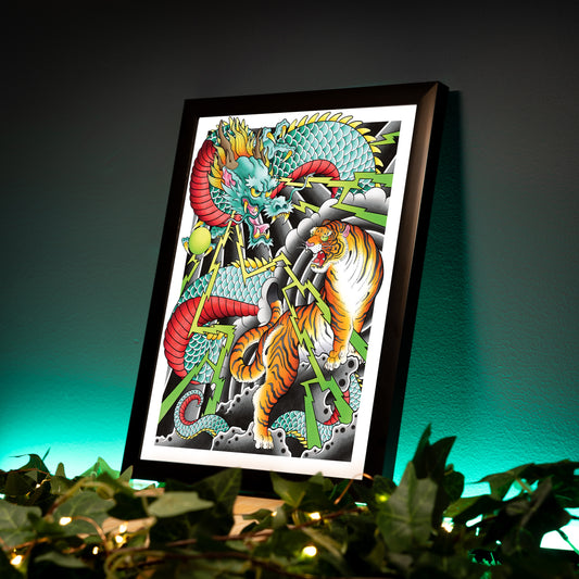 Dragon and Tiger Traditional Irezumi Japanese Tattoo Flash Hand Drawn Original Art Print Wall Poster