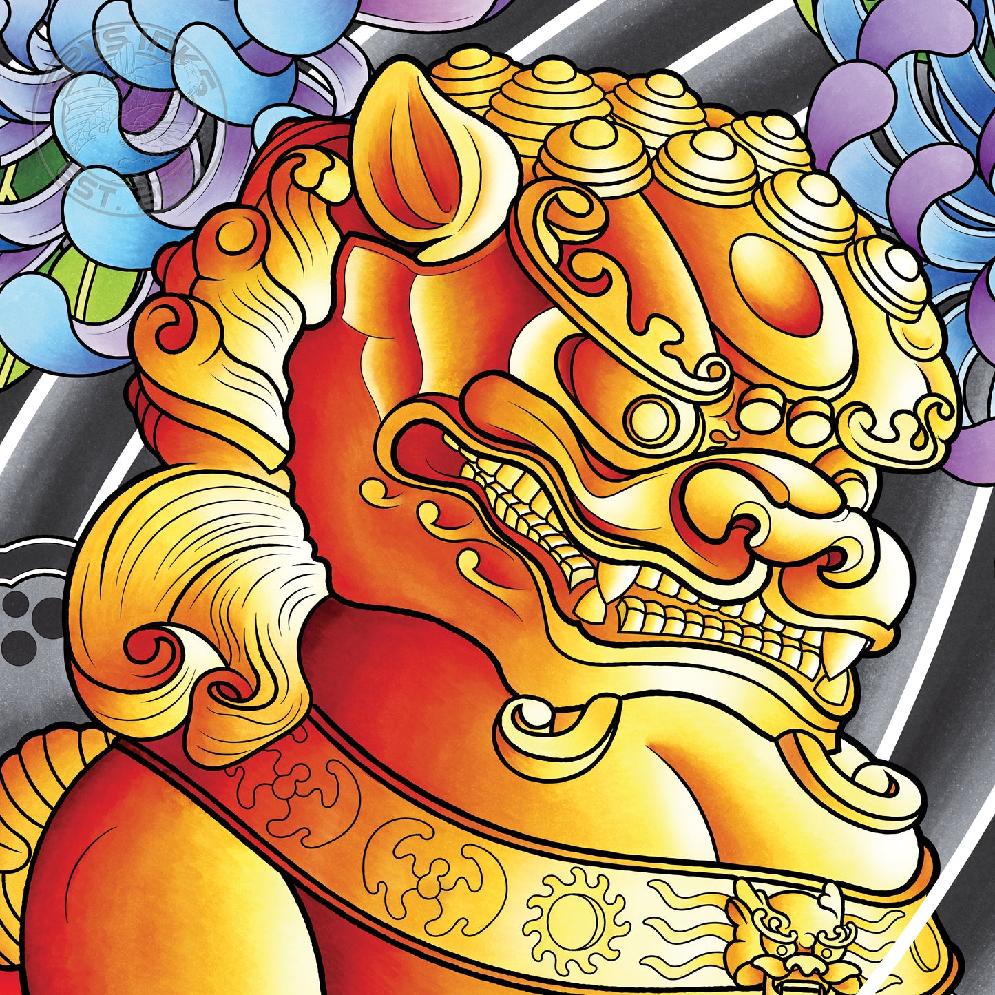 Female Foo Dog Traditional Irezumi Tattoo Flash Fine Art Waterproof Vinyl Sticker and Postcard Art Print