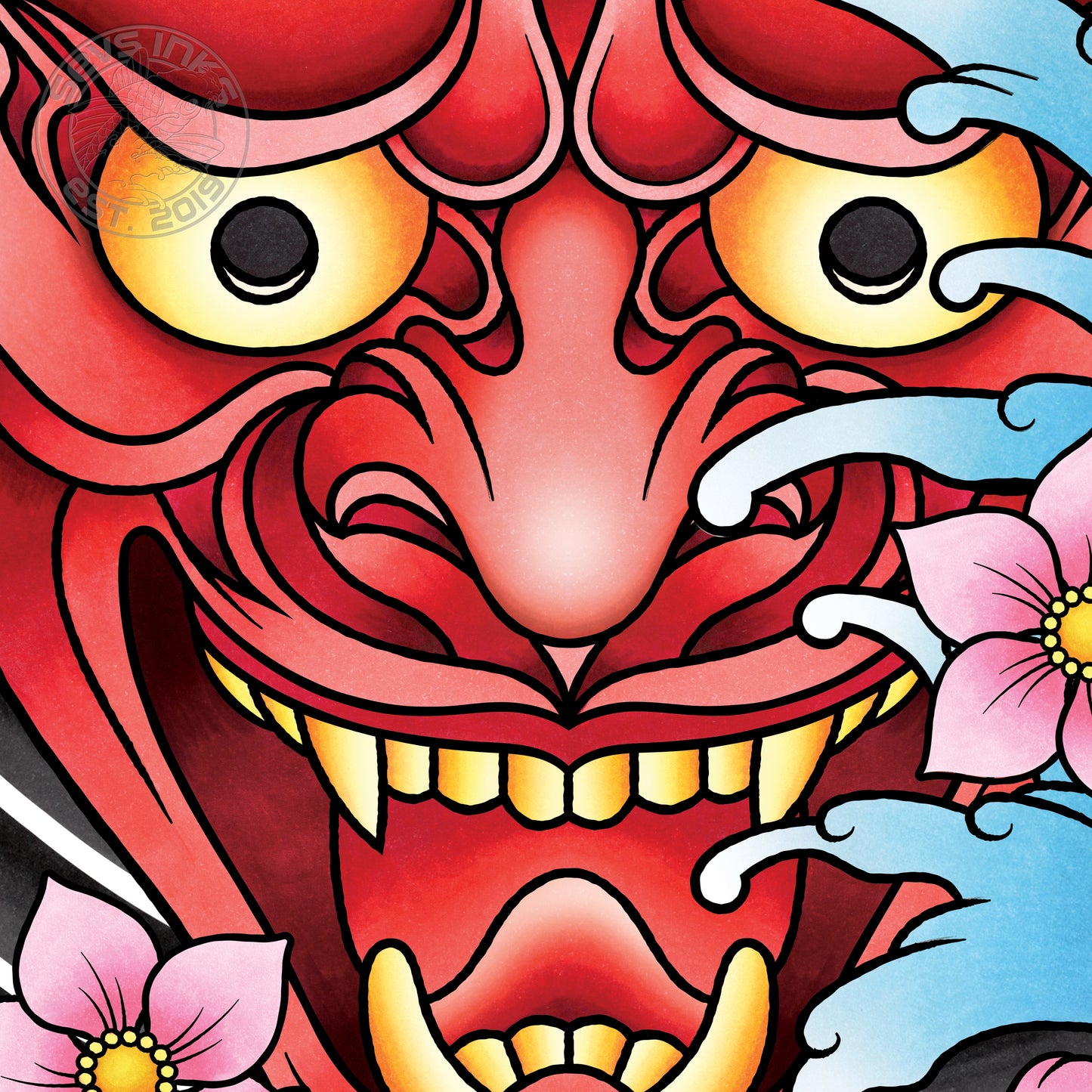 Hannya Oni Noh Mask Traditional Hand Drawn Irezumi Tattoo Flash Fine Art Waterproof Vinyl Sticker and Postcard Art Print