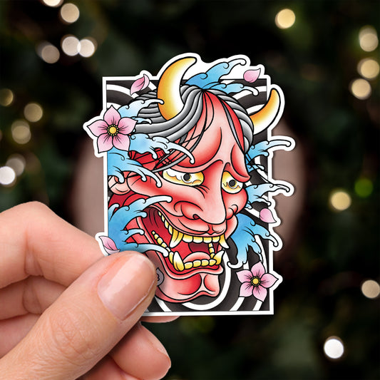 Hannya Oni Noh Mask Traditional Hand Drawn Irezumi Tattoo Flash Fine Art Waterproof Vinyl Sticker and Postcard Art Print