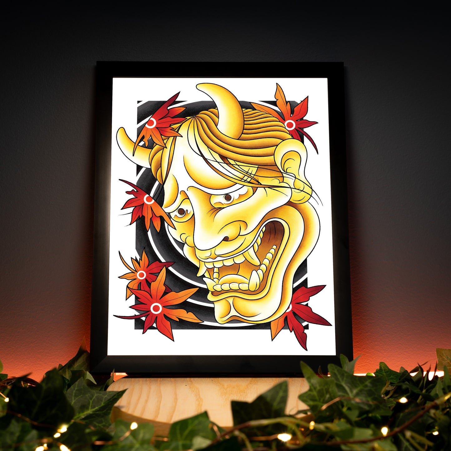 Golden Hannya Golden Oni Mask and Red Maple Leaves Traditional Japanese Irezumi Tattoo Flash Hand Drawn Original Art Print