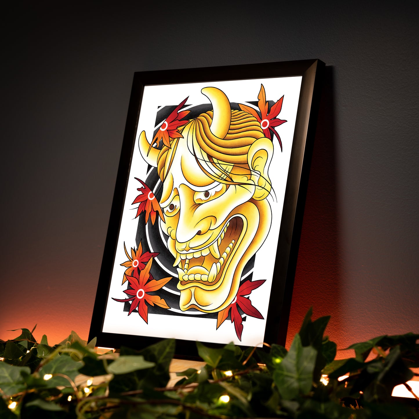 Golden Hannya Golden Oni Mask and Red Maple Leaves Traditional Japanese Irezumi Tattoo Flash Hand Drawn Original Art Print