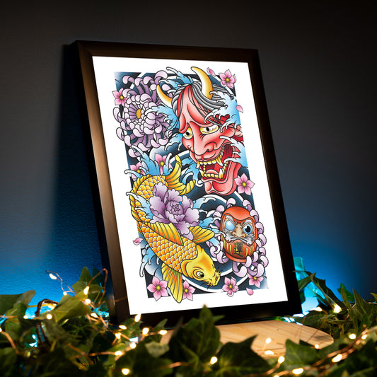 Koi Hannya Mask Daruma and Chrysanthemum Flower Traditional Japanese Inspired Tattoo Flash Hand Drawn Original Art Print Poster