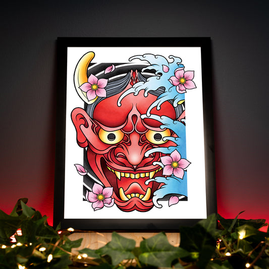 Hannya Oni Noh Mask and Sakura Cherry Blossom Flower Traditional Japanese Irezumi Tattoo Flash Hand Drawn Original Art Print Wall Poster