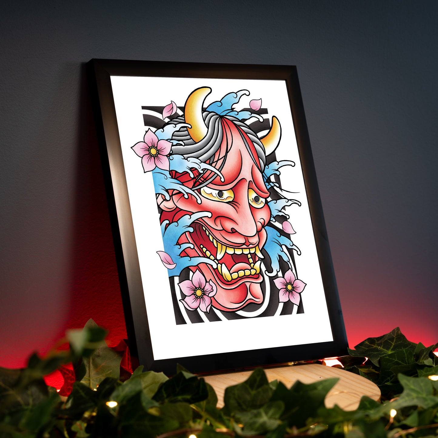 Hannya Oni Noh Mask and Sakura Cherry Blossom Flower Traditional Japanese Irezumi Tattoo Flash Hand Drawn Original Art Print Wall Poster