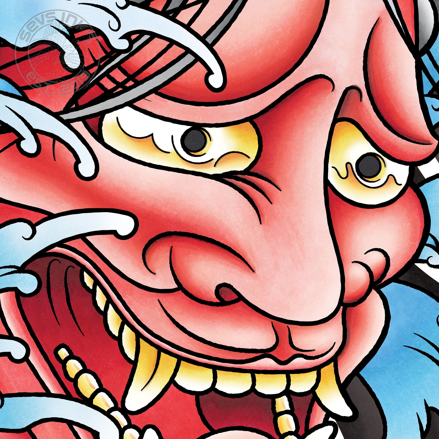 Hannya Oni Noh Mask and Sakura Cherry Blossom Flower Traditional Japanese Irezumi Tattoo Flash Hand Drawn Original Art Print Wall Poster