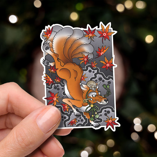 Kitsune Nine Tails Fox Traditional Irezumi Tattoo Flash Fine Art Waterproof Vinyl Sticker and Postcard Art Print